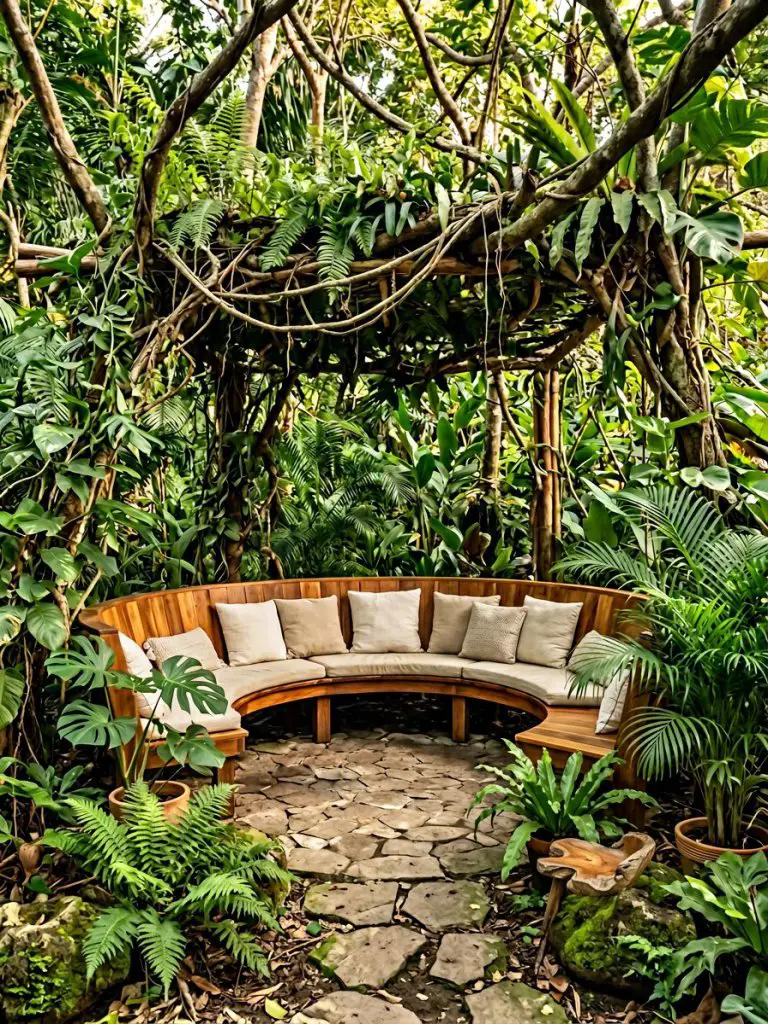 A hidden jungle lounge corner in a tropical rustic style with organic architecture.