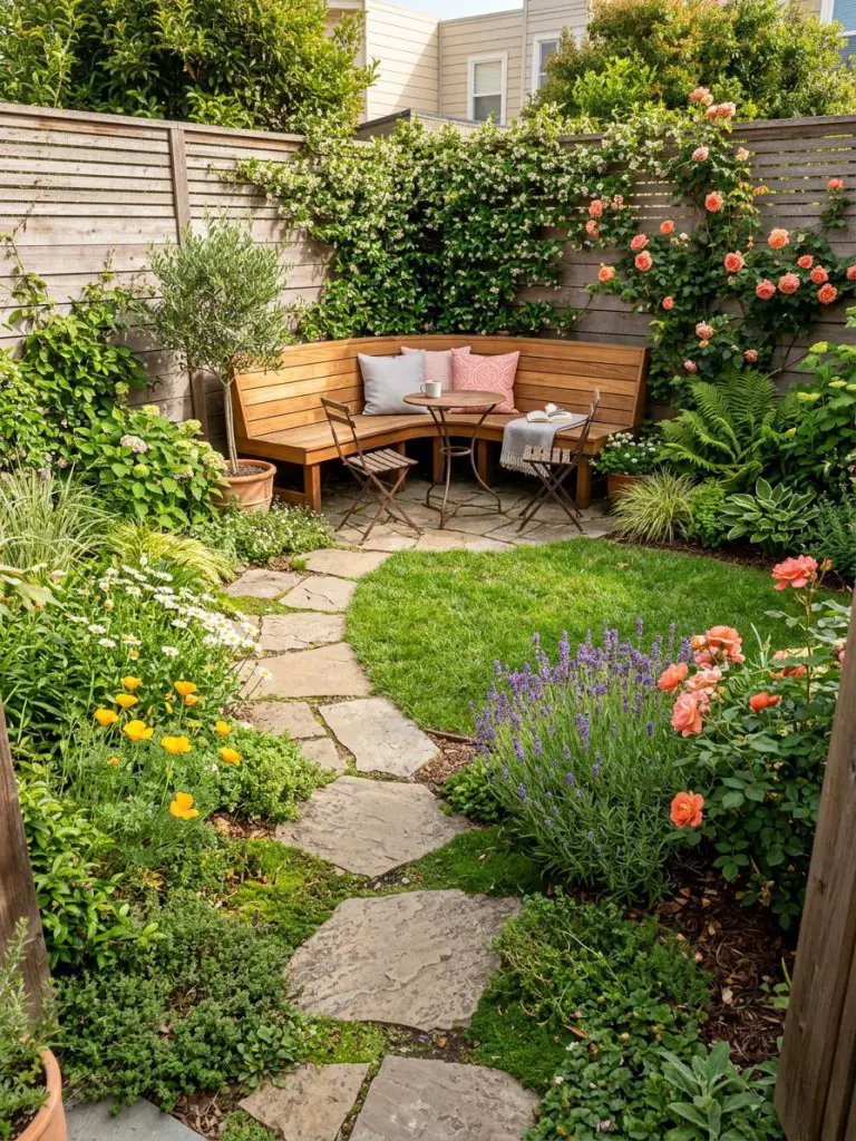 A compact triangular backyard garden featuring a hidden seating nook placed in the widest corner of the three-sided layout.