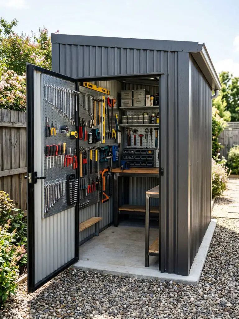 A compact industrial-style shed made from corrugated metal panels in a matte charcoal finish, designed for durability and efficiency.