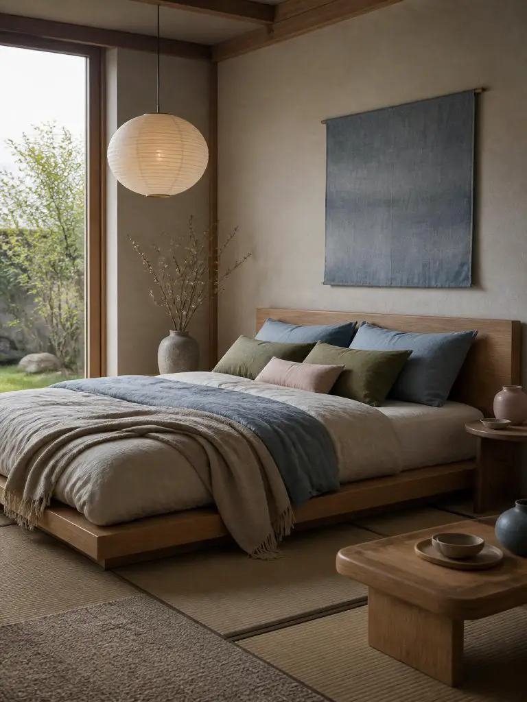 A calming Japandi bedroom designed with muted blue linen textiles, moss green accents, and soft blush pink decor in a minimalist organic spa.