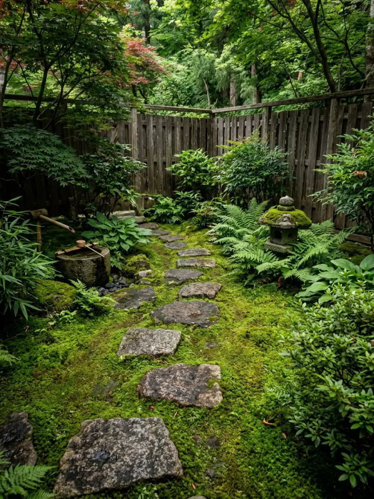 A lush small Japanese backyard featuring a moss-covered ground with natural stepping stones guiding the eye through the space.