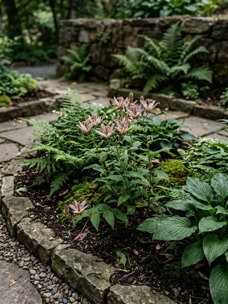A unique shaded garden bed featuring Japanese toad lilies in a compact modern rustic layout.