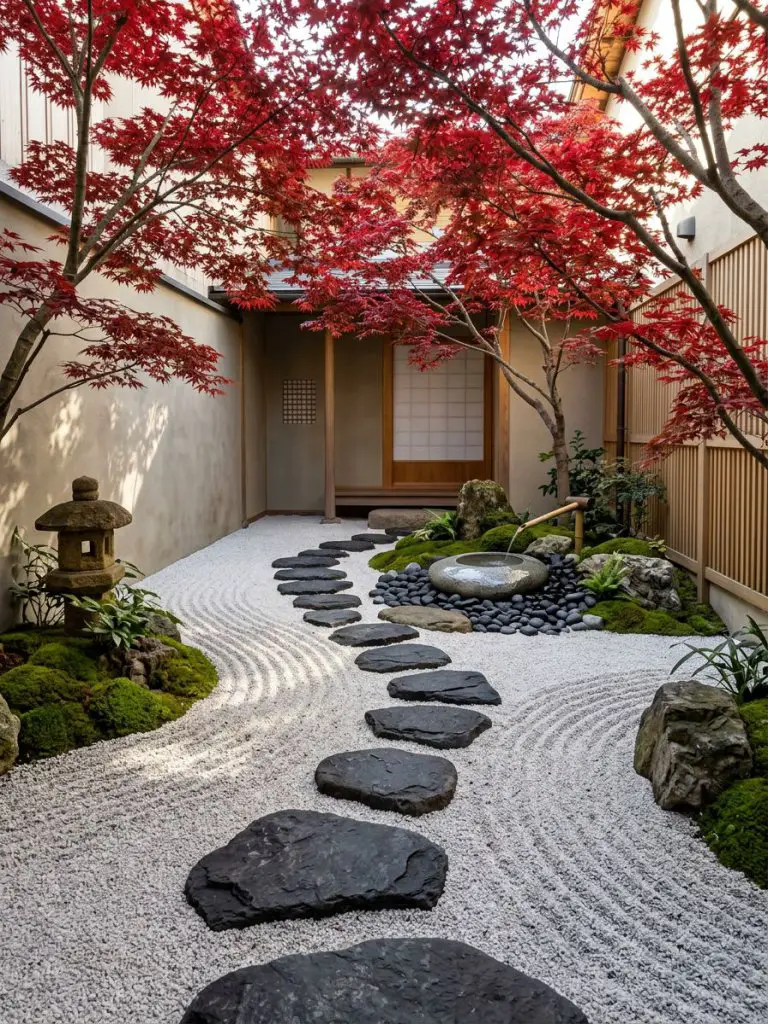 Design a tranquil Japanese Zen meditation garden in a compact courtyard featuring carefully raked white gravel, oversized charcoal stepping.