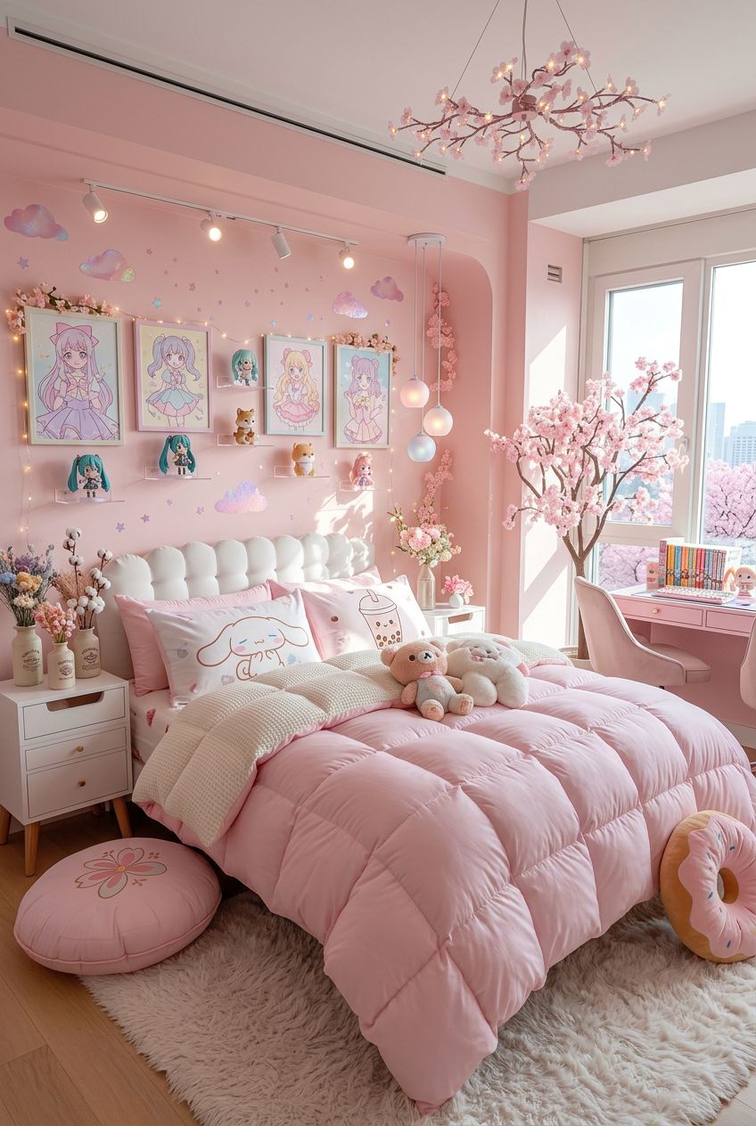 An adorable kawaii-themed bedroom bursting with playful anime decor, pastel pink walls, and a plush, overfilled comforter.
