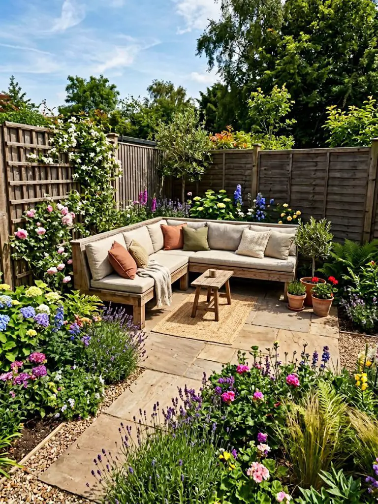 A triangular backyard garden with three distinct sides featuring L-shaped built-in seating running along two edges that meet at a corner.