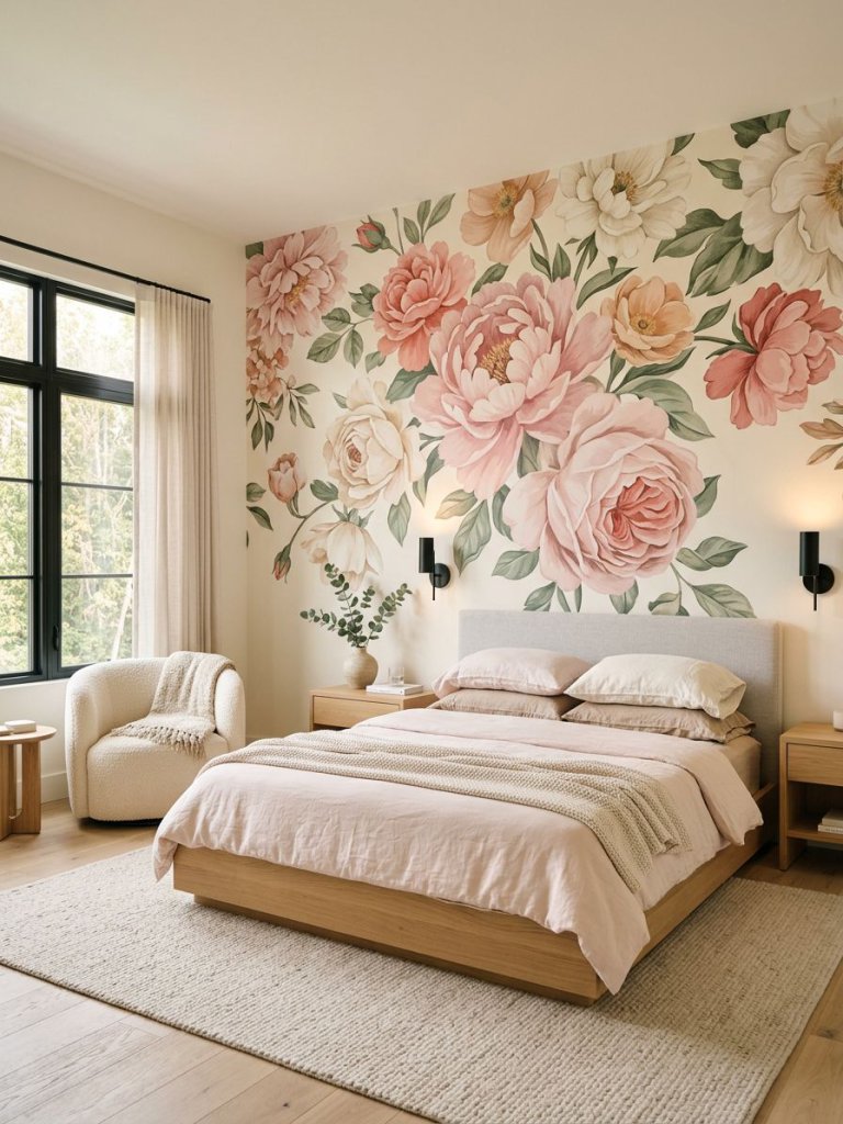 A modern pink floral bedroom featuring an oversized floral wallpaper mural as the dramatic focal point.