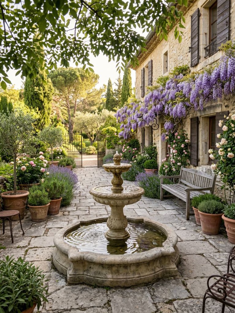 A peaceful French countryside courtyard garden featuring weathered stone paving, a carved tiered fountain, and cascading purple wisteria cli.