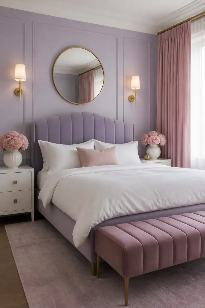 This serene bedroom brings together pastel lavender walls with soft pink velvet drapes and an upholstered lilac bed as the centerpiece.