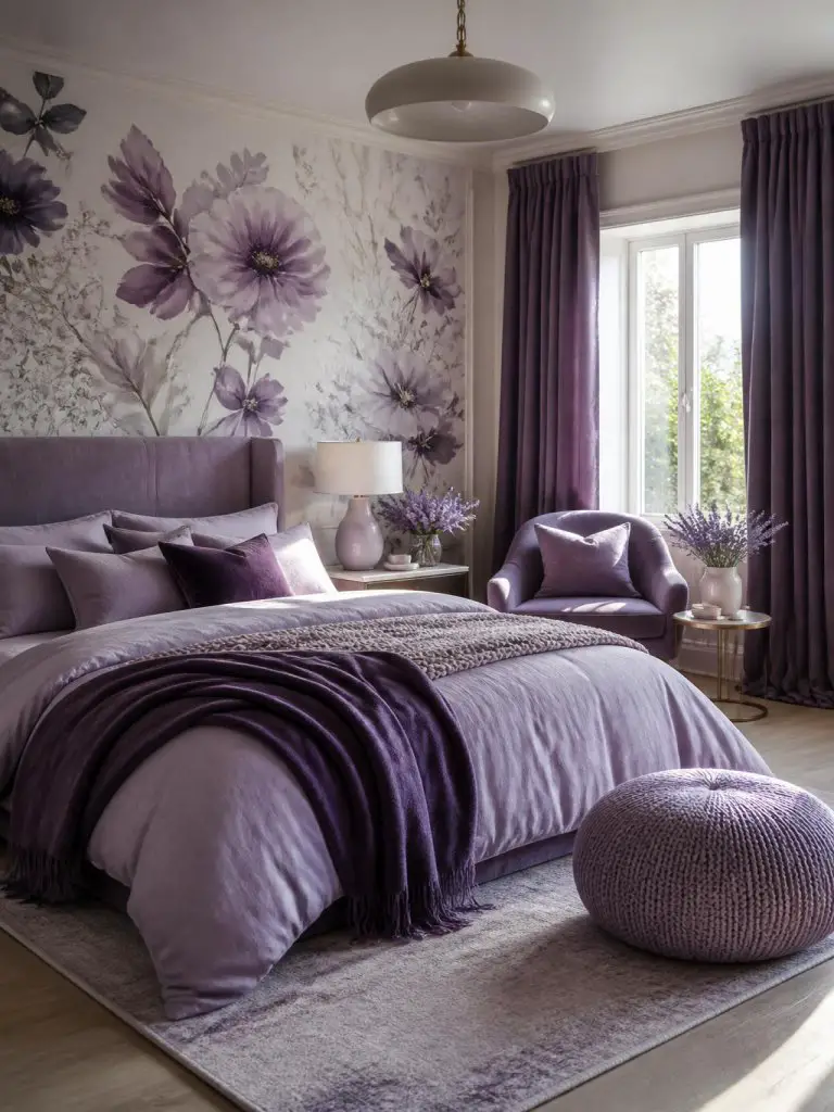 A romantic lavender floral bedroom designed in a modern feminine style with oversized watercolor flower wallpaper covering the feature wall.