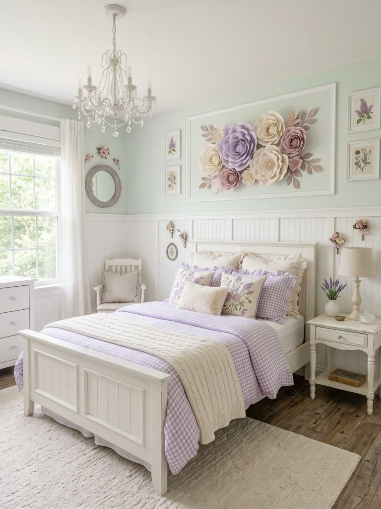A pastel lavender floral girls bedroom styled in soft French cottage and warm minimalist design with delicate oversized paper flowers mounte.