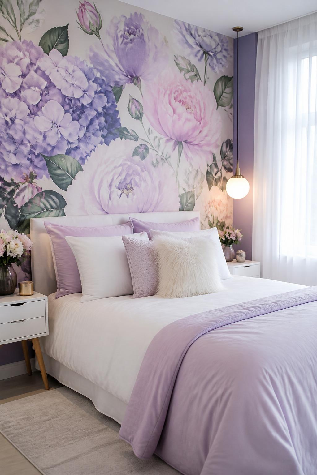 A modern bedroom with a bold, large-scale pastel floral feature wall in lavender, pink, and sage green behind a crisp white bed.