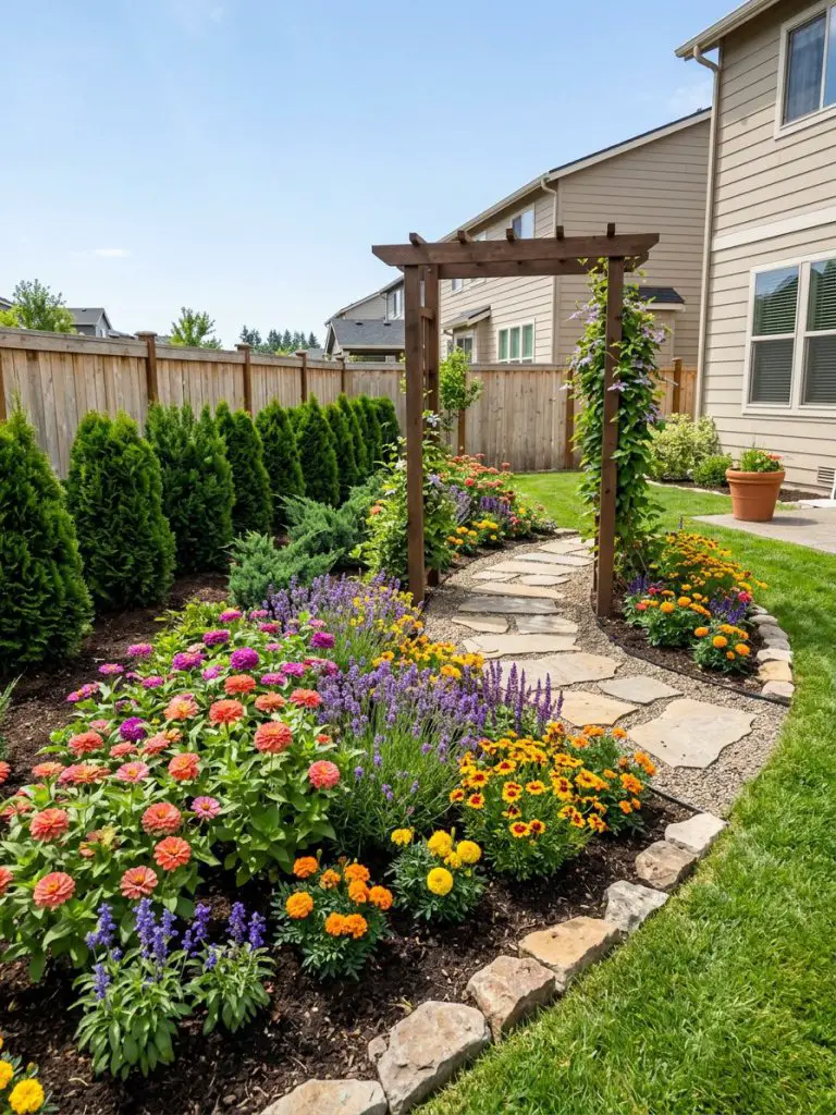 A small backyard garden bed designed using the layered “3-layer” concept in a bright sunny suburban U.