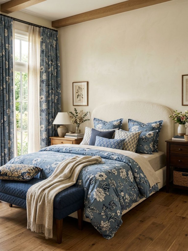 A layered blue floral bedroom styled with carefully mixed botanical textiles that create depth without visual clutter.