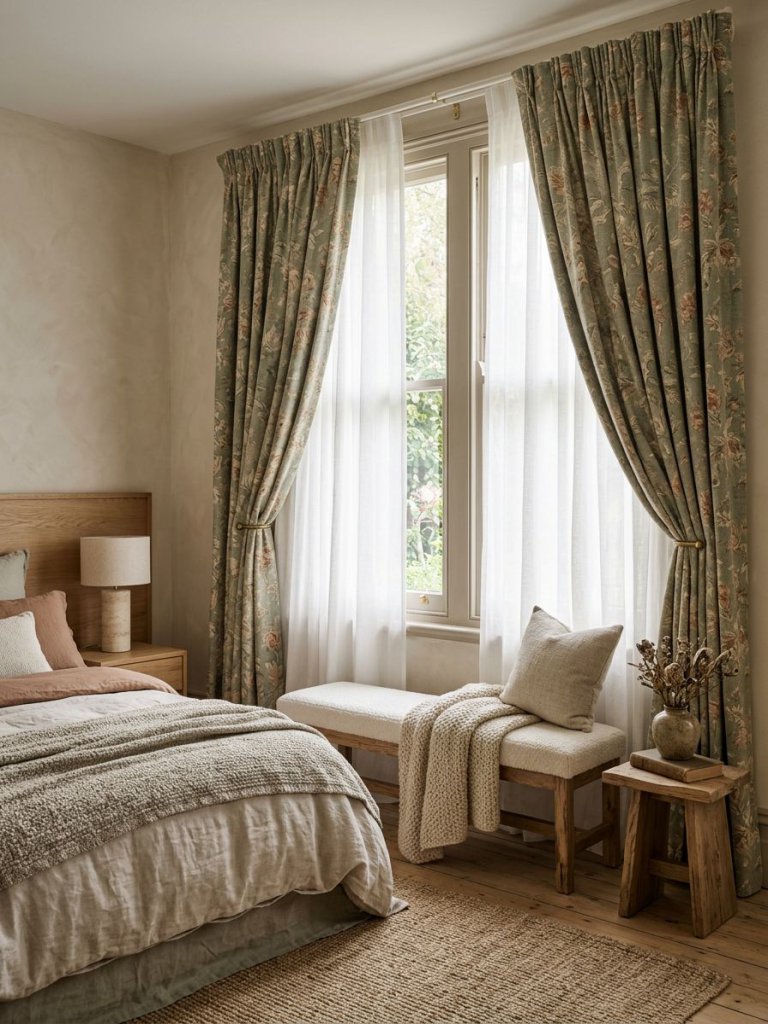 An elegant bedroom showcasing layered floral drapes over crisp white sheer curtains for a timeless textured window treatment.