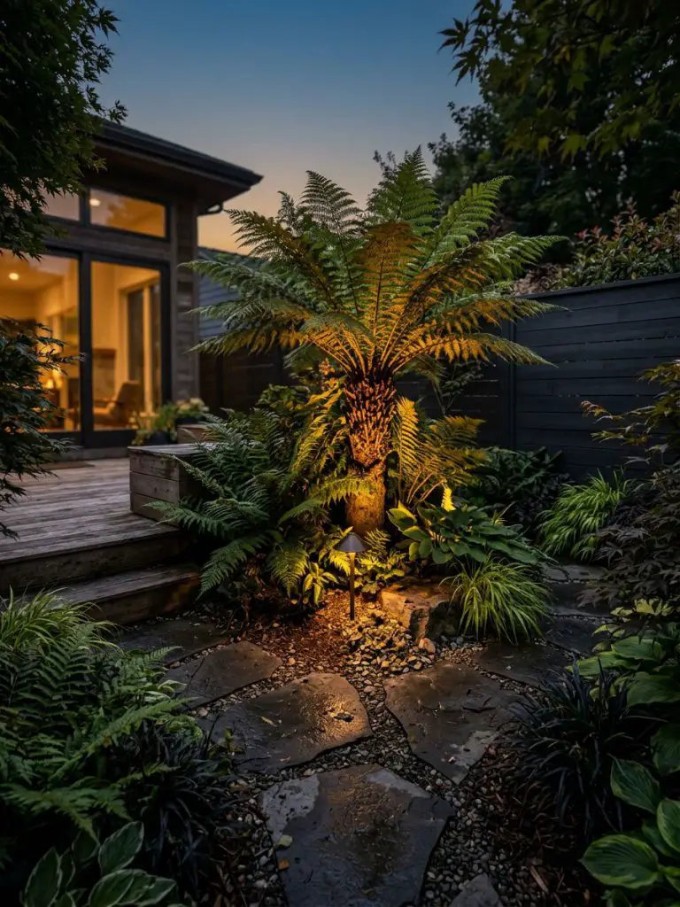 A shaded backyard garden transformed by layered lighting in a Warm Minimalist + Modern Rustic style during early evening.