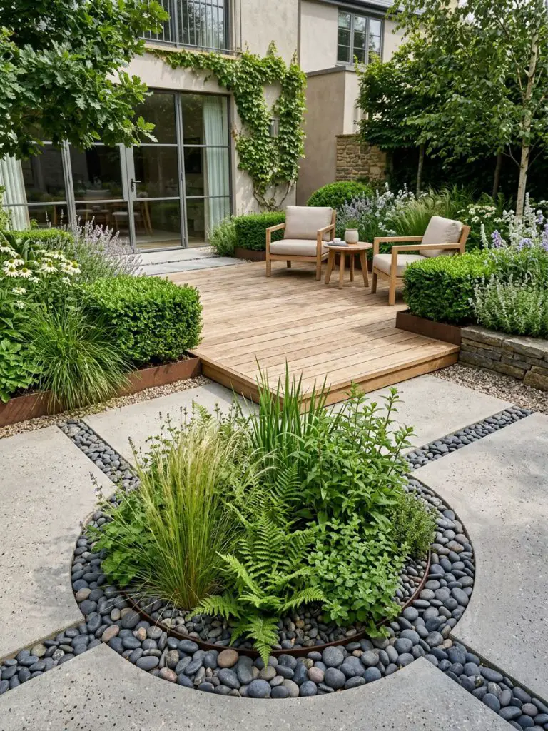 A layered small garden patio combining warm minimalist and modern rustic aesthetics with rich texture contrasts.