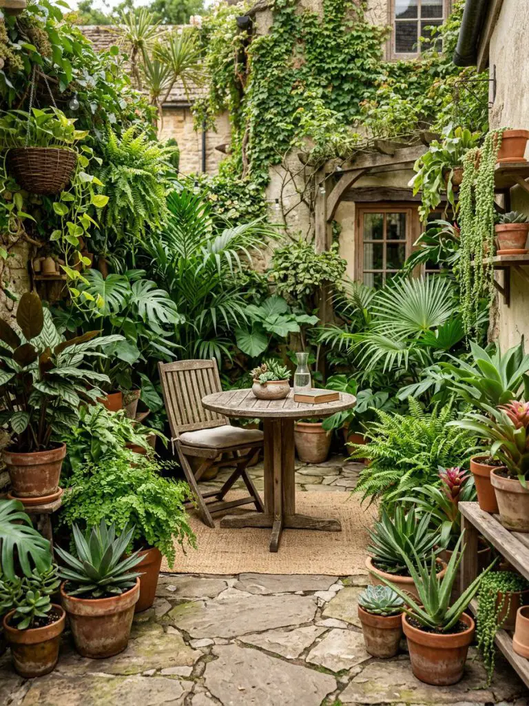 A small patio jungle garden styled in a tropical cottage-meets-modern rustic aesthetic.