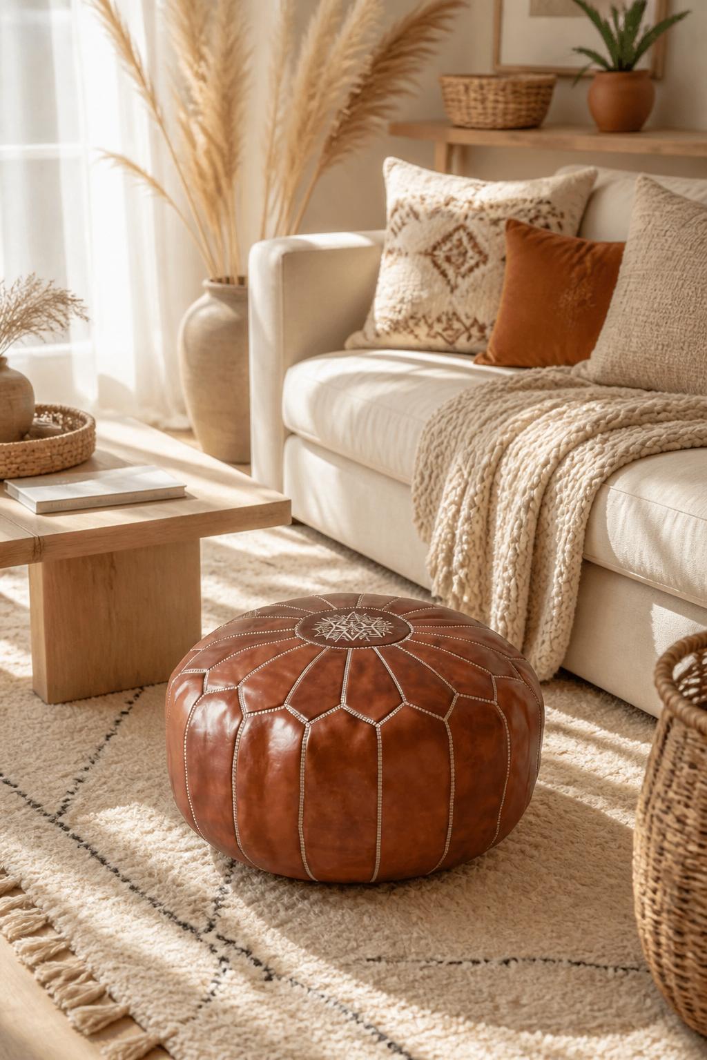 , cozy boho living room corner with a round cognac leather pouf, patterned Moroccan-style area rug, low natural wood accent table, deep sand.