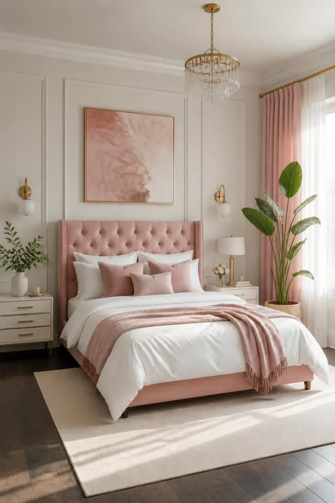 A light and airy bedroom centered on a blush pink tufted headboard, framed by soft-neutral walls and large windows with flowing pink curtain.