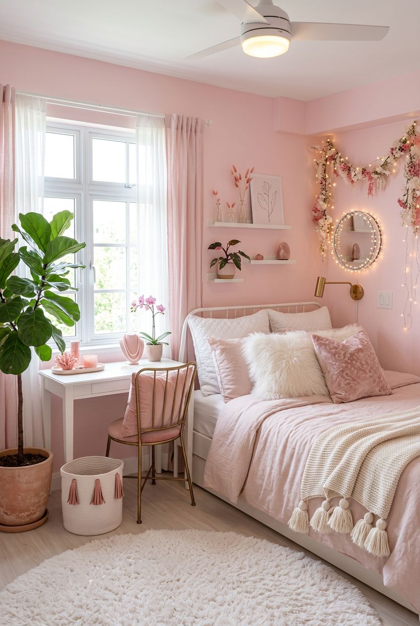 An ethereal, light pink bedroom flooded with daylight, anchored by a fluffy white rug and a white iron bed dressed in pink and white layers.