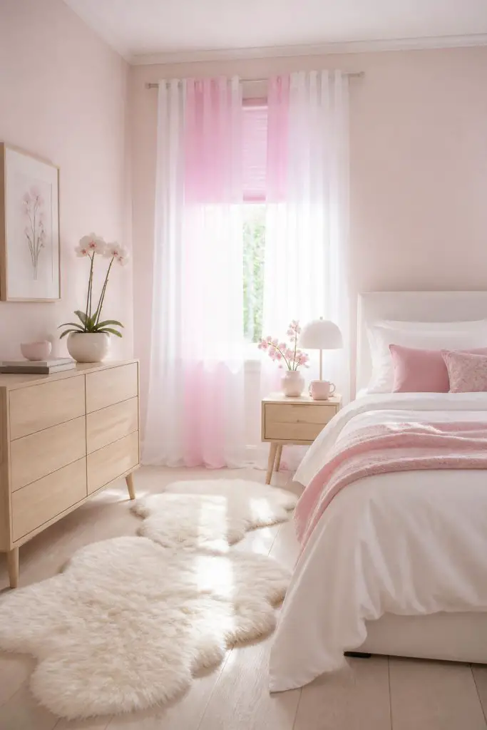 An airy, Scandinavian-inspired bedroom featuring sheer blush pink curtains paired with light white sheers, gently draping to the floor and b.