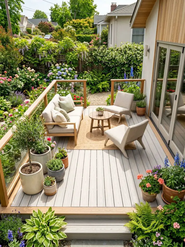 A small backyard deck in light color tones such as pale gray and natural oak in a U.