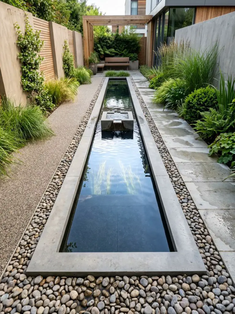 A narrow modern garden with a sleek linear water feature, designed in a warm minimalist aesthetic.