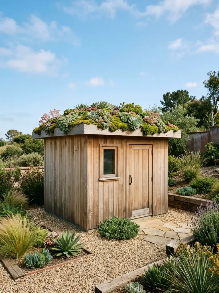 A small garden shed with a flat living roof planted with succulents and moss, blending eco-friendly design with Warm Minimalist landscaping.