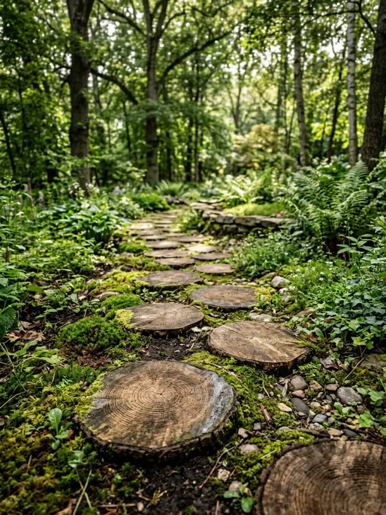 A whimsical garden path made from log rounds, styled in a rustic enchanted forest theme.