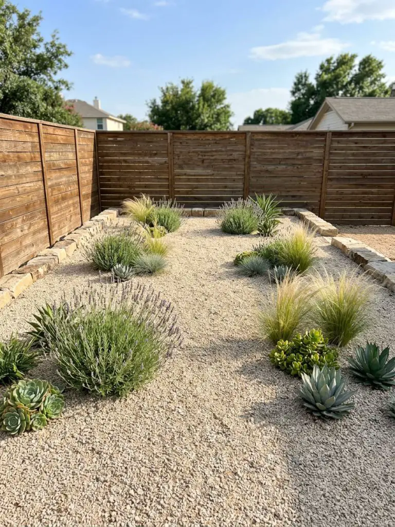 A low-maintenance rectangular backyard fully covered in light gravel with drought-tolerant plants spaced throughout.