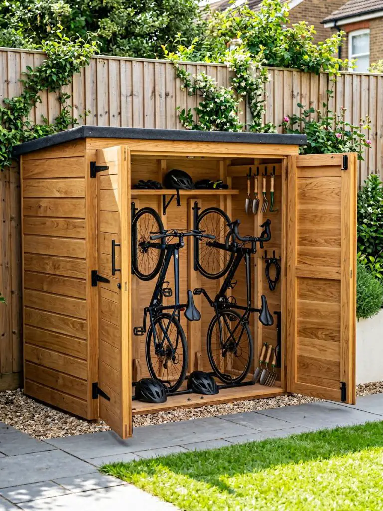 A low-profile bike storage shed in a compact backyard, designed at about waist height with wide double doors open to reveal neatly stored bi.