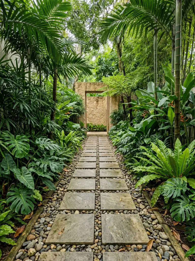 A lush garden entry path designed in a tropical minimalist style with natural stone elements.