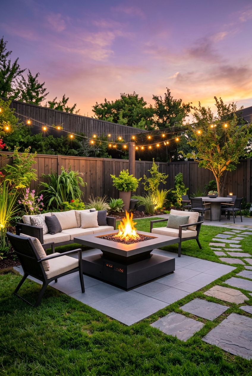 A lush green lawn encircles a modern square fire pit set on a tiled patio base, surrounded by four charcoal-finished lounge chairs and low-s.