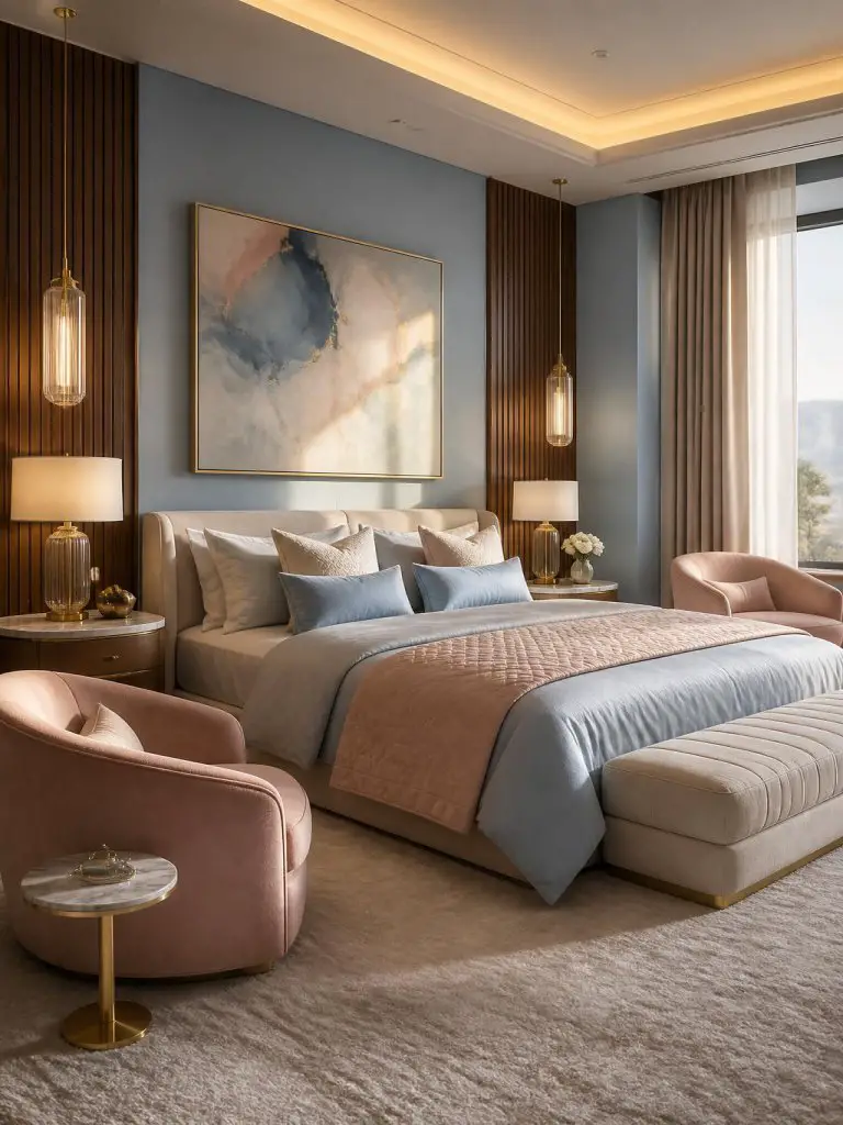 A luxury boutique hotel-inspired bedroom with powder blue walls, blush pink seating, and sophisticated layered lighting for an upscale moder.