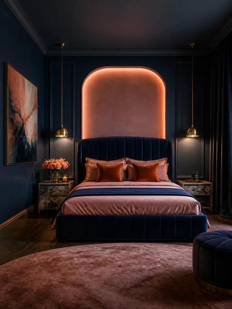 interior photography of a luxe boutique-style blue bedroom with peach pink lighting accents and refined brass details.