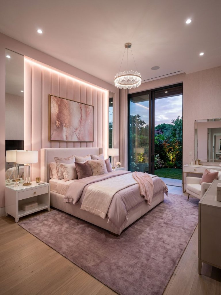 A luxurious contemporary pink bedroom designed with ambient LED lighting, padded wall panels, and elegant white furniture for a glamorous mo.