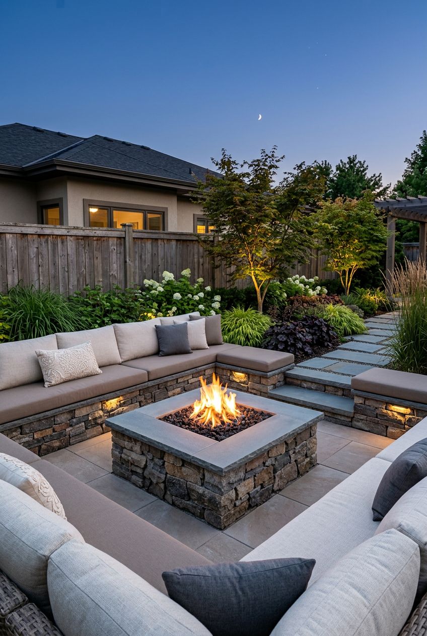 An opulent outdoor conversation pit designed with L-shaped stacked stone benches and thick cushioned seating in neutral colors, wrapping aro.