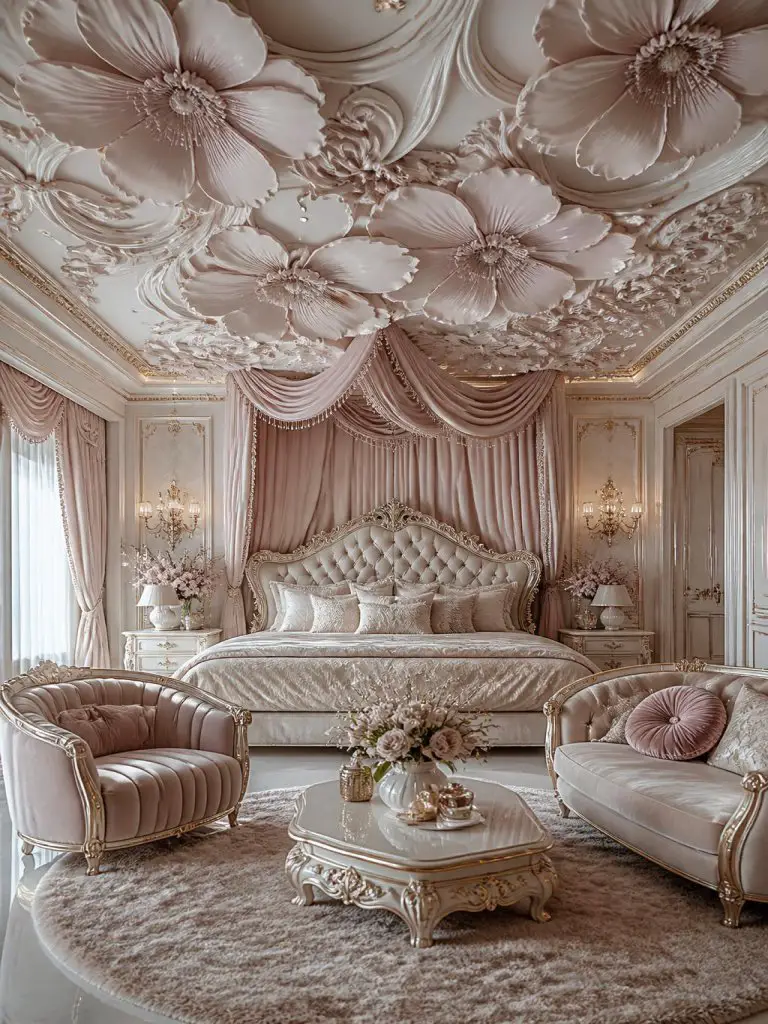 A luxurious maximalist bedroom with an ornate sculpted floral ceiling featuring oversized three-dimensional blush flower motifs flowing dram.