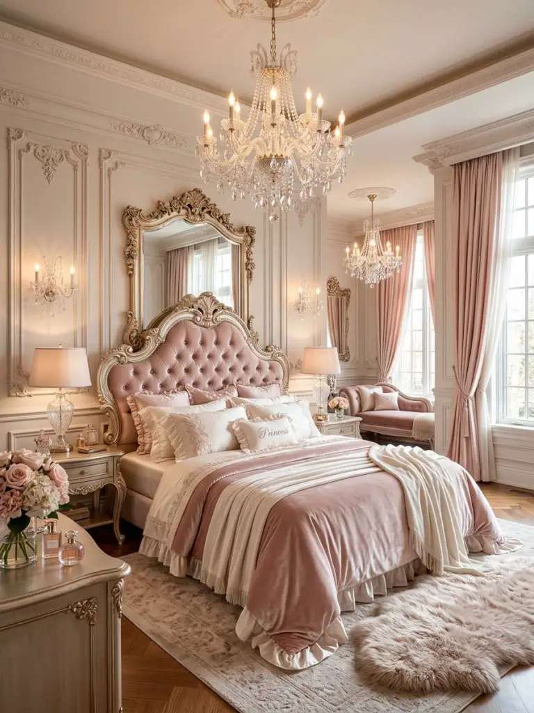 A luxurious princess-inspired pink bedroom designed with ornate romantic glamour featuring an intricately carved tufted headboard, crystal c.