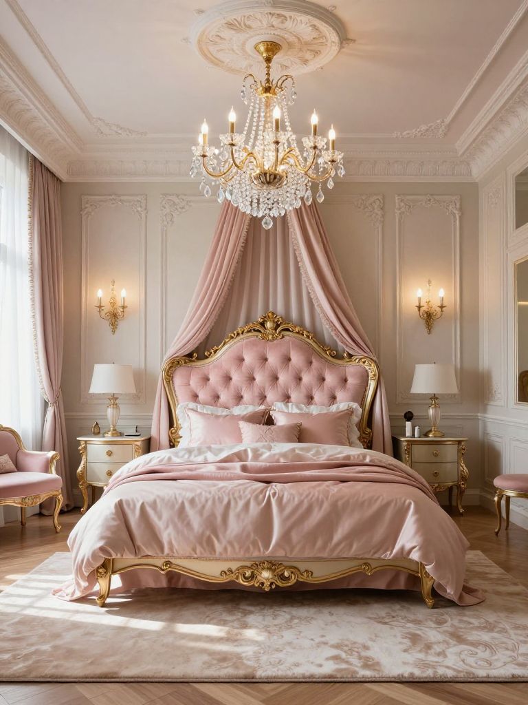 A luxurious princess-inspired pink and gold bedroom designed with grand classical details, ornate molding, and sophisticated feminine stylin.