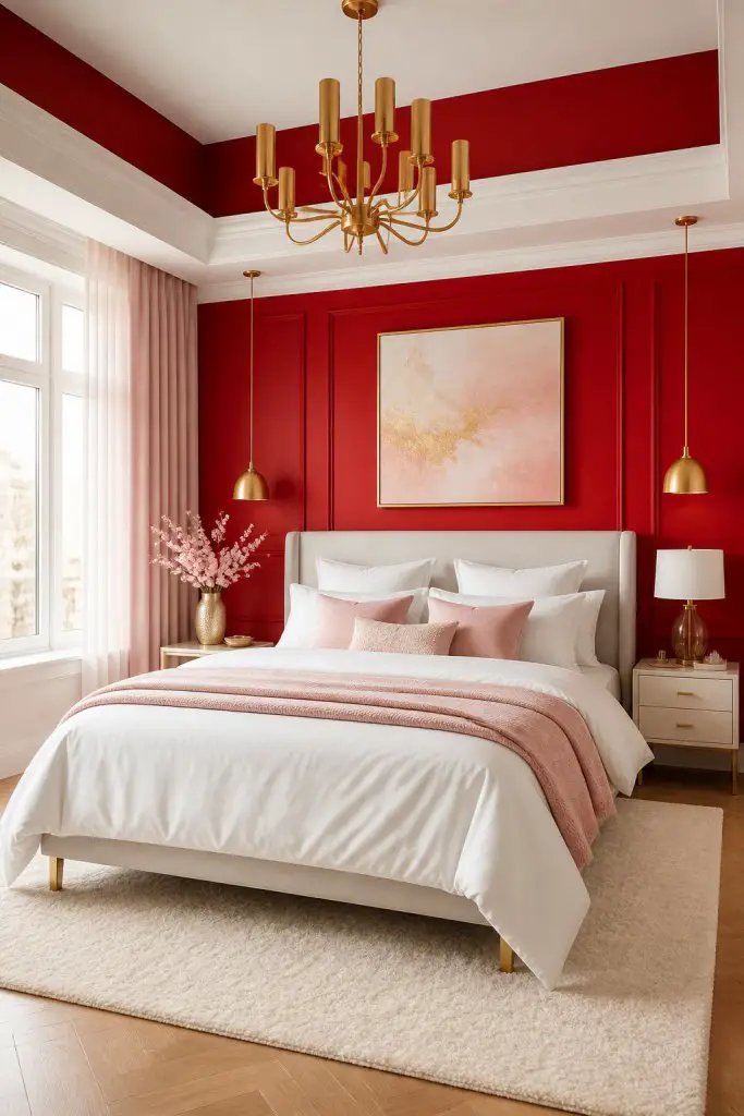 Portray a sophisticated bedroom with a bold red feature wall and crisp white trim offset by soft pink drapery and a plush ivory area rug.