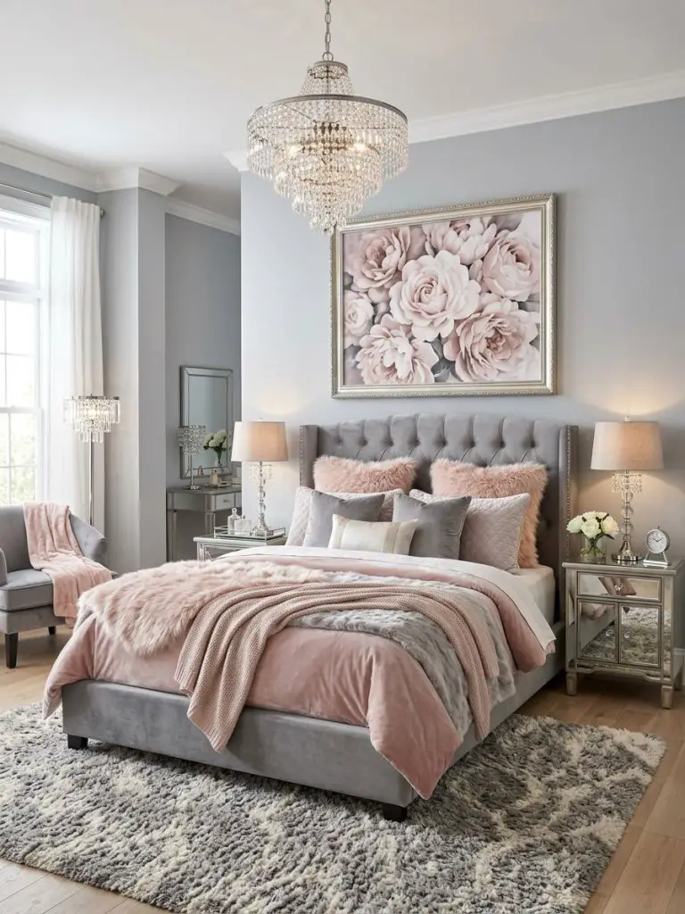 A luxurious pink and grey bedroom with crystal lighting, oversized floral artwork, and refined glam styling.