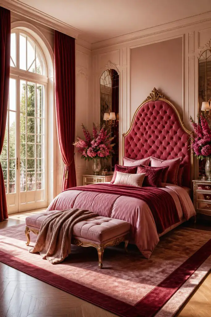 An ultra-luxurious suite with soaring arched windows that flood the space with natural light, styled in a bold palette of pink and burgundy.