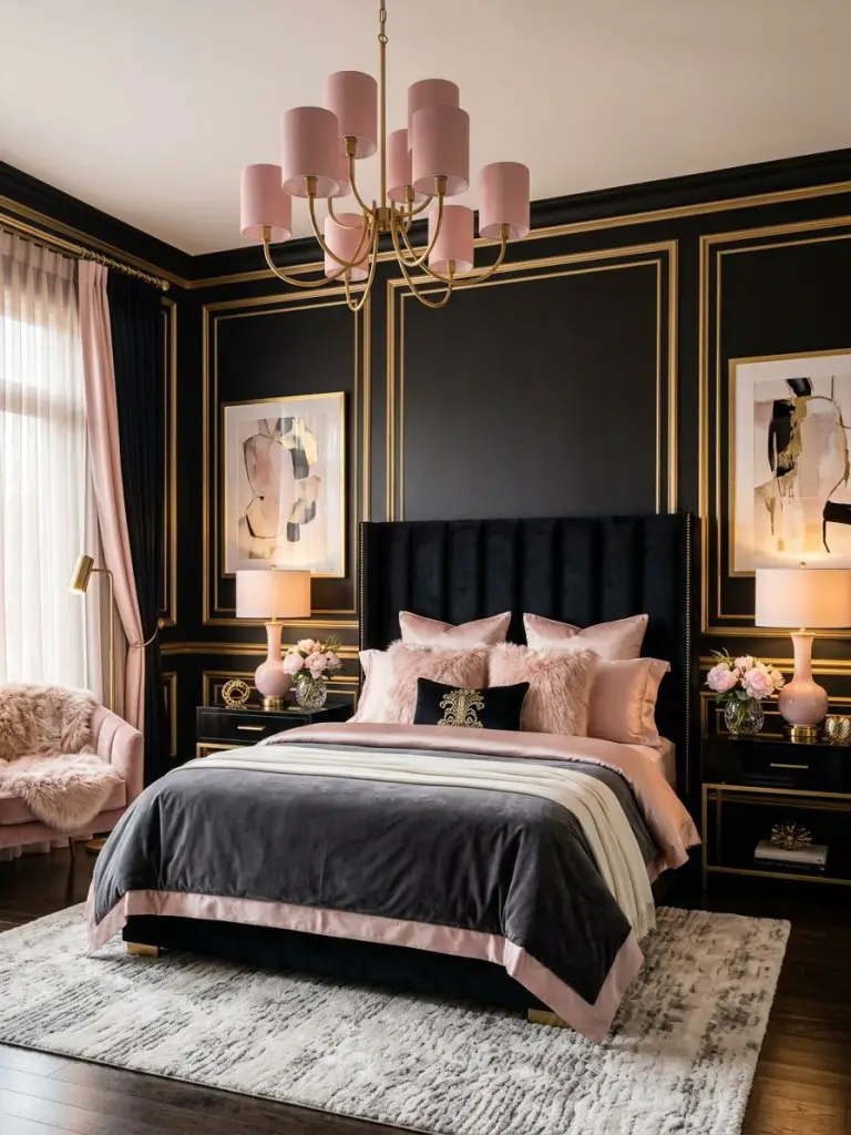 A luxurious black and pink bedroom designed in contemporary glam style with dramatic gold detailing and interior photography aesthetics.