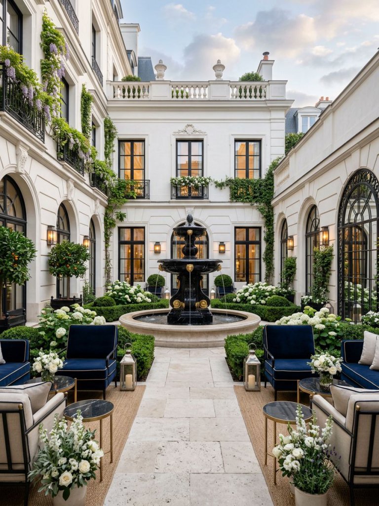A luxurious French courtyard patio designed in refined Parisian-inspired garden style featuring a dramatic black marble fountain centered wi.