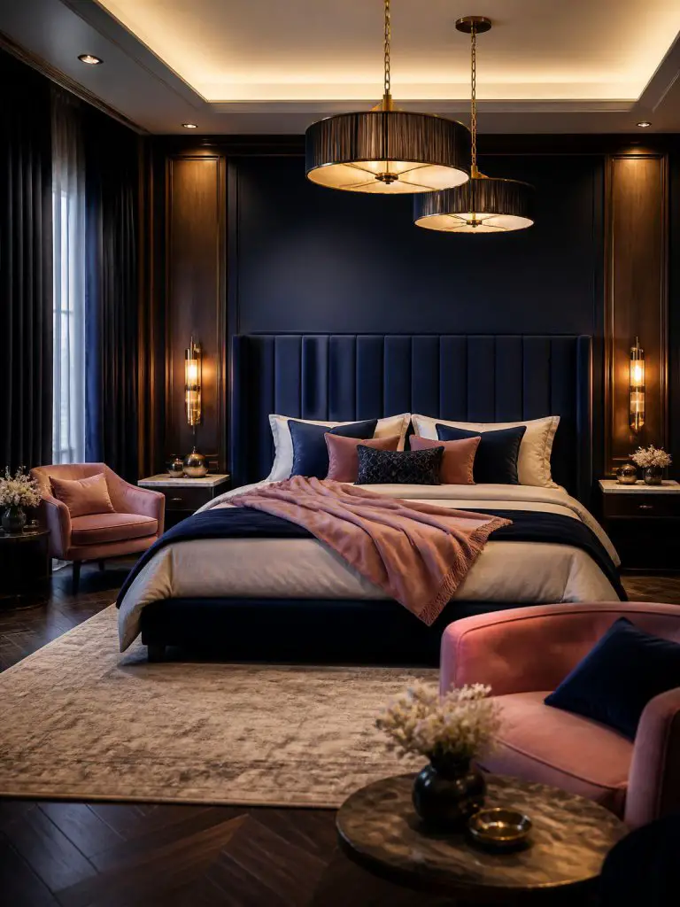 A luxury boutique hotel-inspired bedroom showcasing rich navy blue walls, blush pink velvet seating, and dramatic layered lighting in an ups.