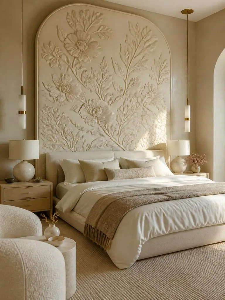 A luxury neutral bedroom featuring an oversized cream floral headboard with embossed botanical detailing in warm ivory, greige, pale taupe.