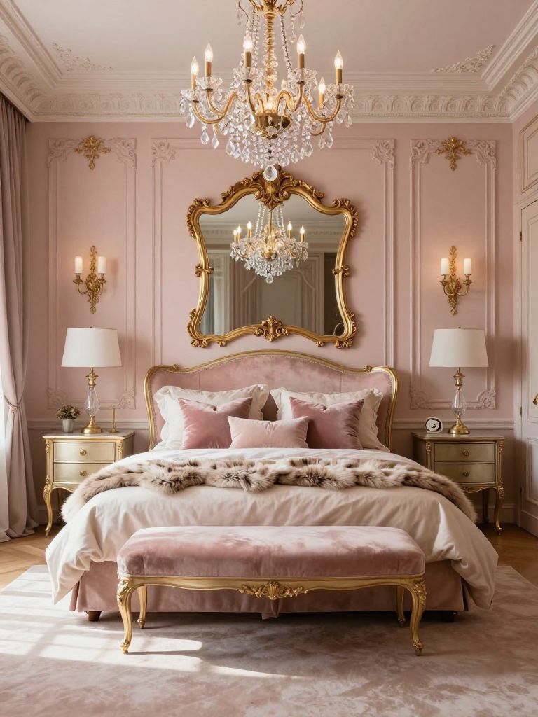 A luxurious dusty pink bedroom inspired by classic European interiors, featuring ornate gold wall molding, crystal chandeliers, blush velvet.