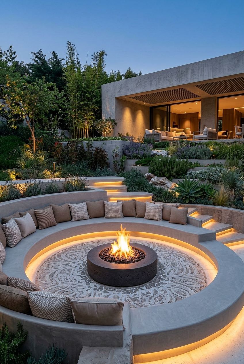 A luxury tiered garden lounge featuring dramatic curved built-in seating topped with plush beige and taupe pillows, encircling a contemporar.