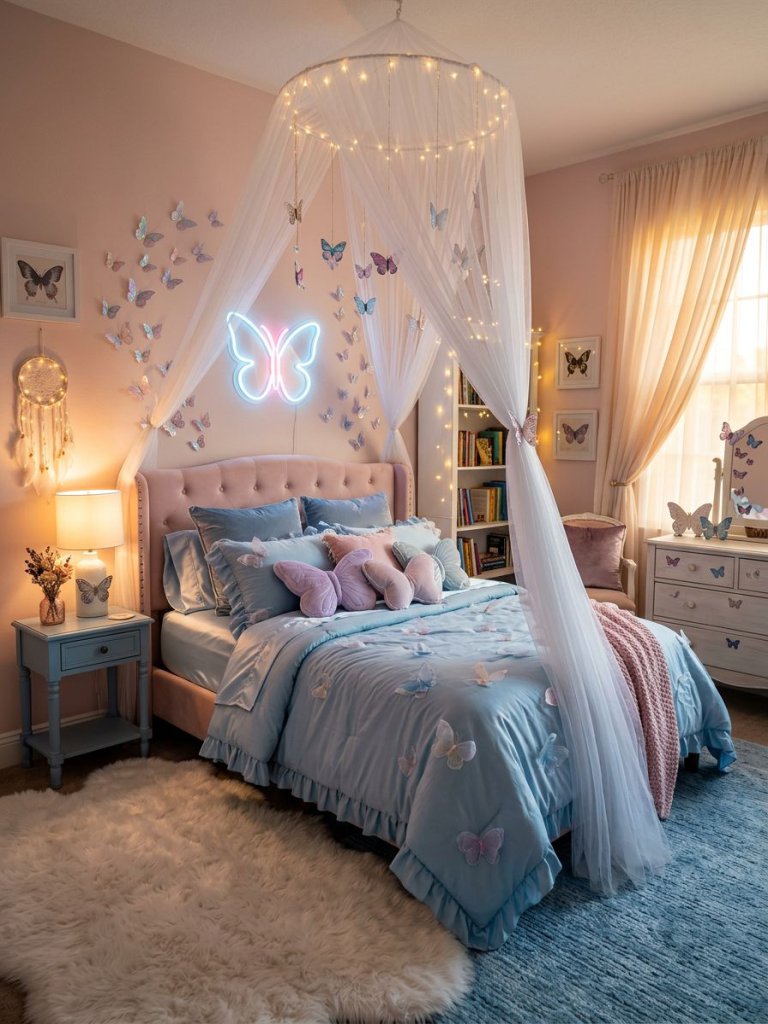 A whimsical blue and pink bedroom styled with dreamy butterfly decor and soft feminine fantasy aesthetics.